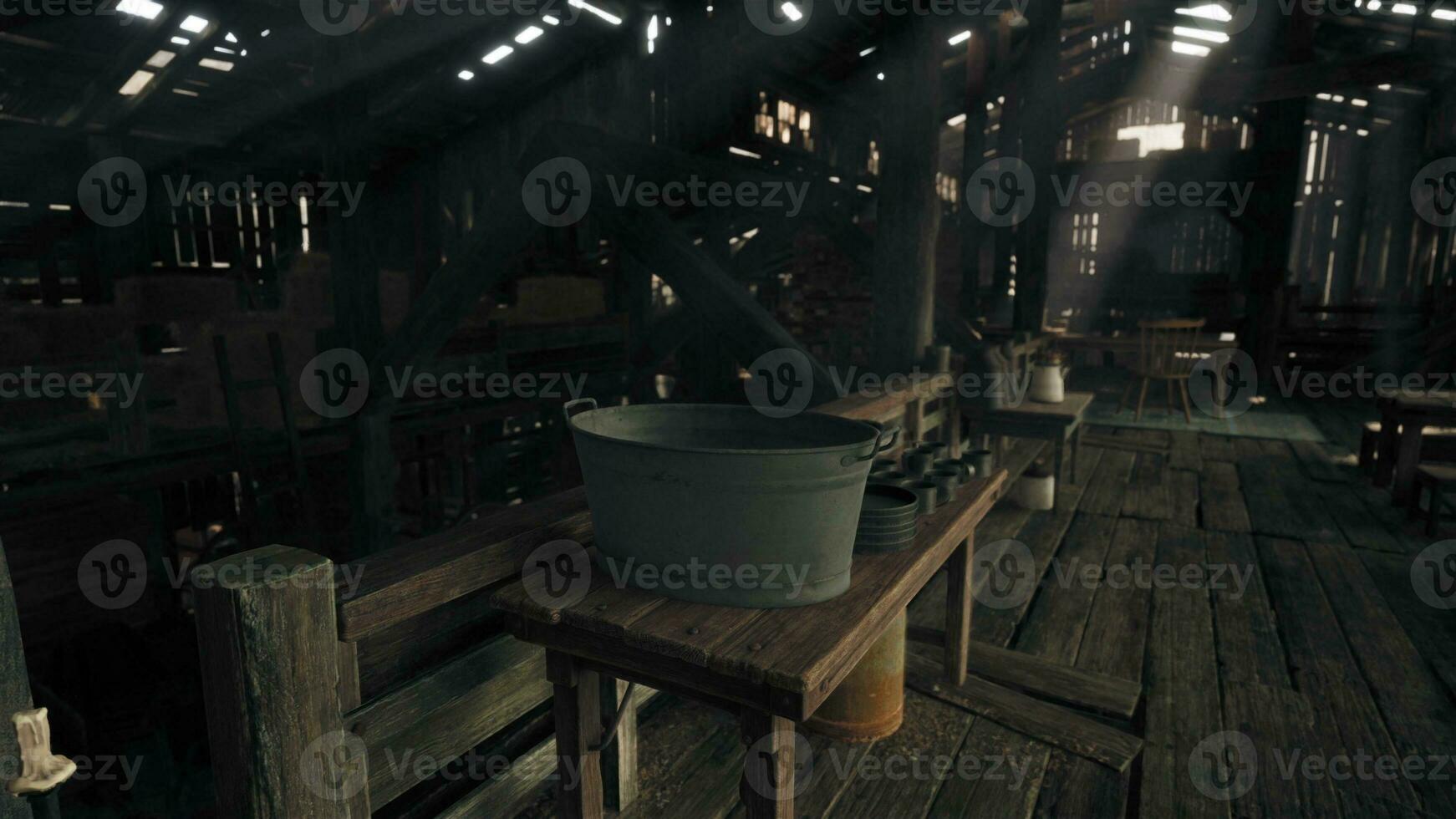 A bucket on a wooden table photo