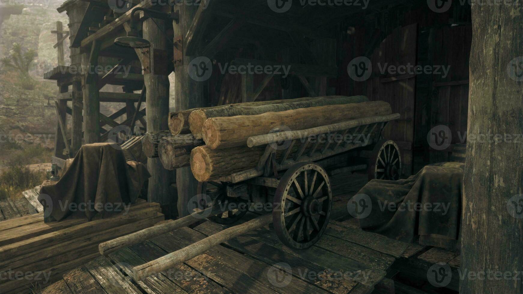 An ancient wooden building with a rustic wooden wagon photo