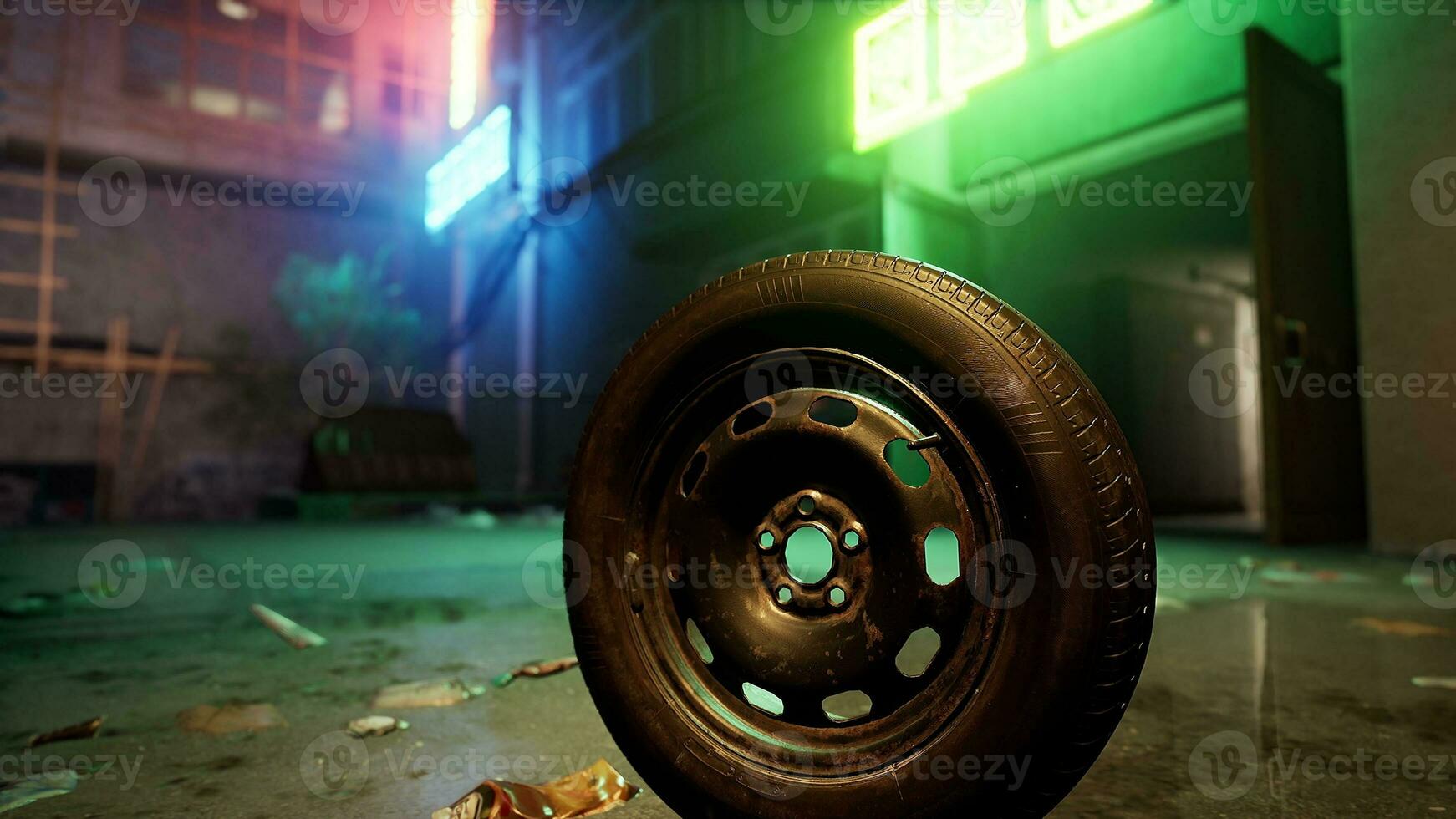 A close up of a tire on the ground photo