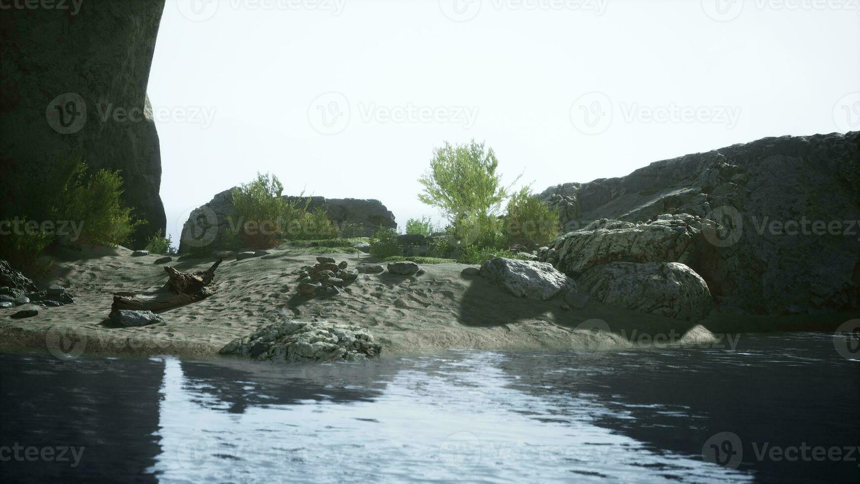 un sereno río con rocas y lozano vegetación foto