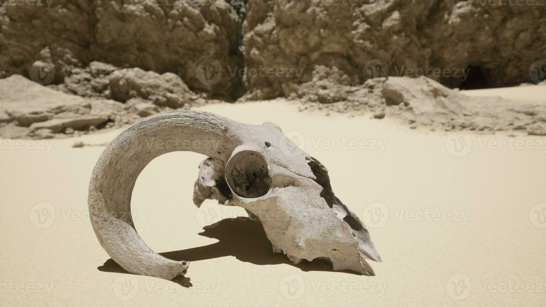 An animal skull on a beach with a rock in the background photo