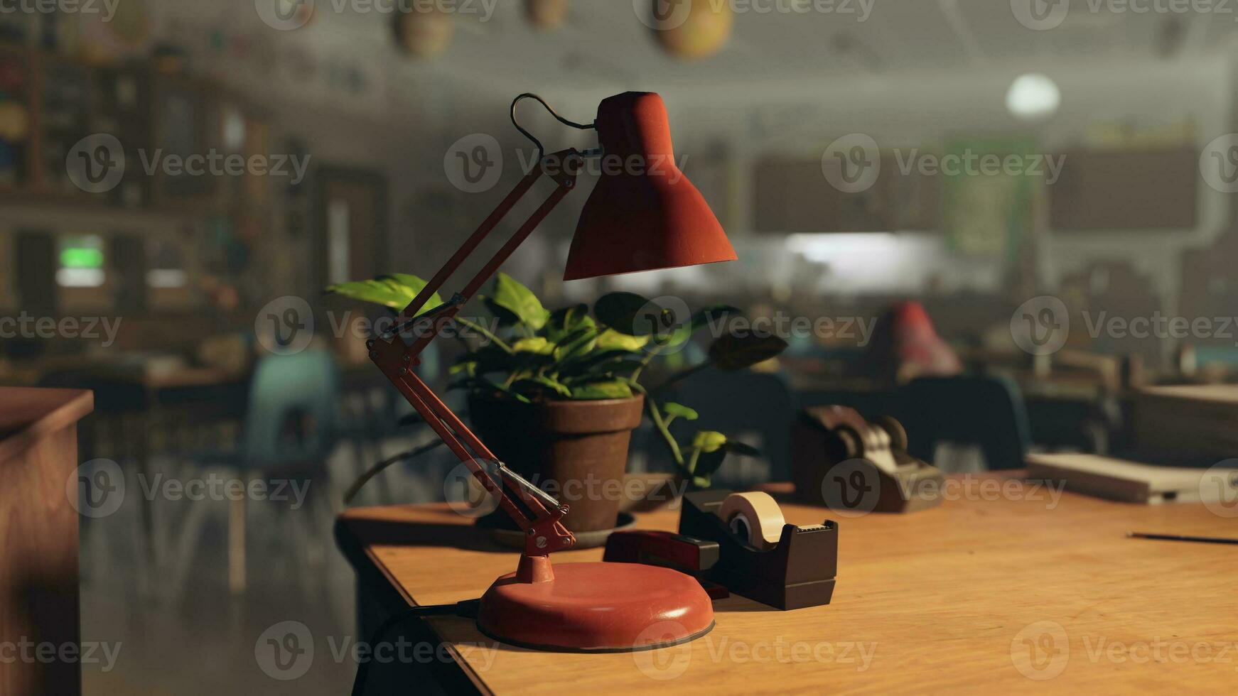 A desk with a lamp and a phone on it photo