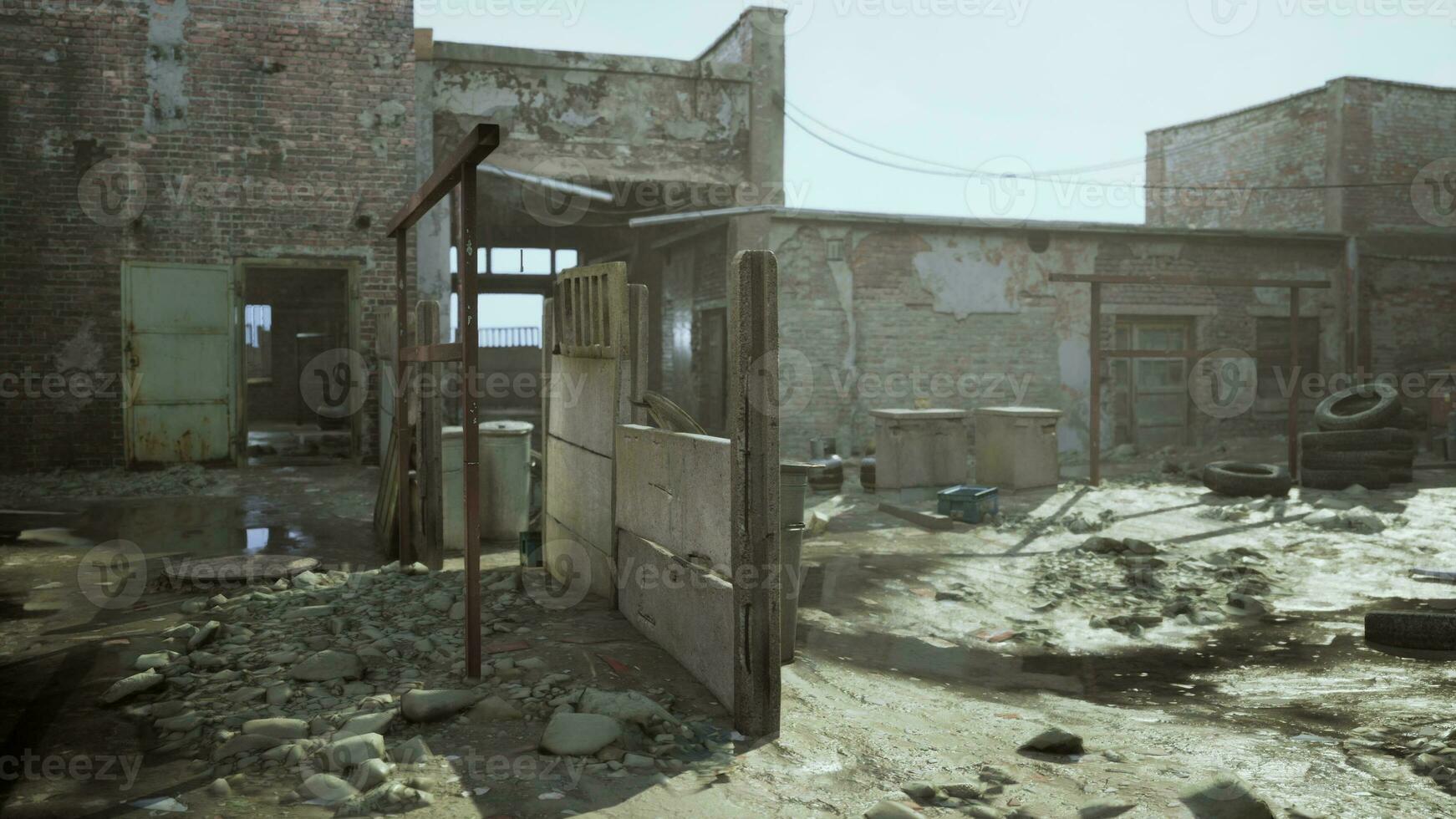 Old abandoned industrial street view with brick facades photo
