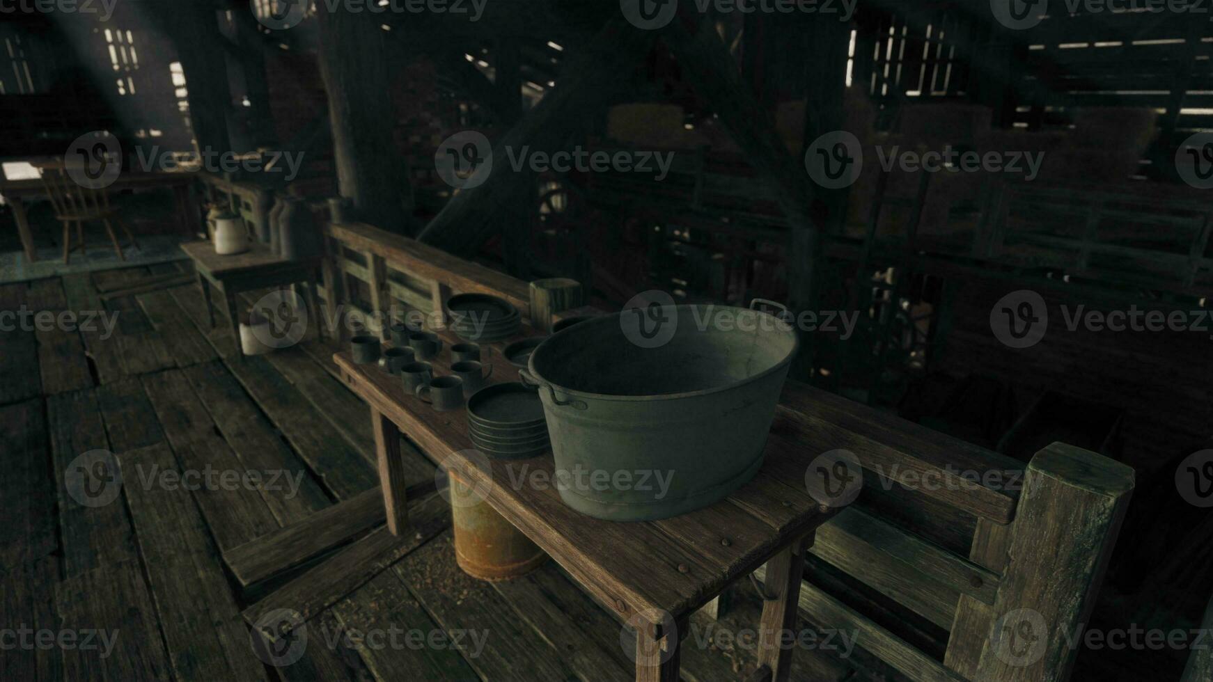 A wooden table with a bucket on top photo