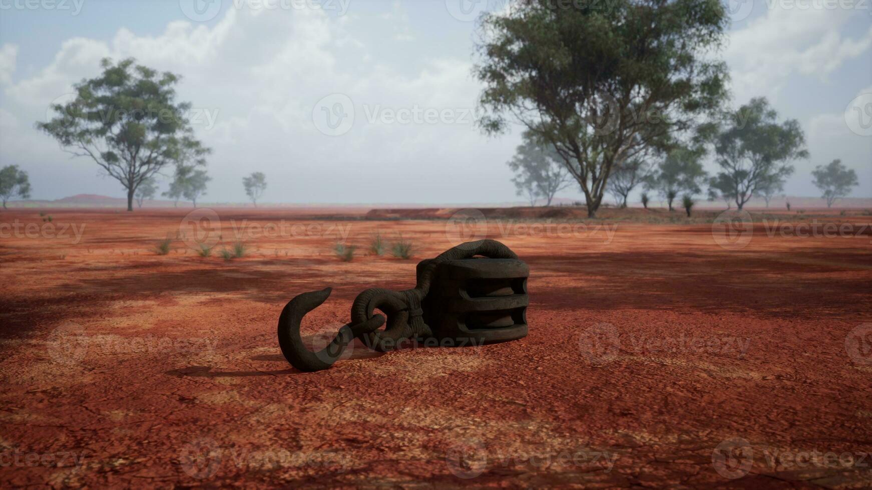 A rusty metal hook on a vibrant red dirt road photo