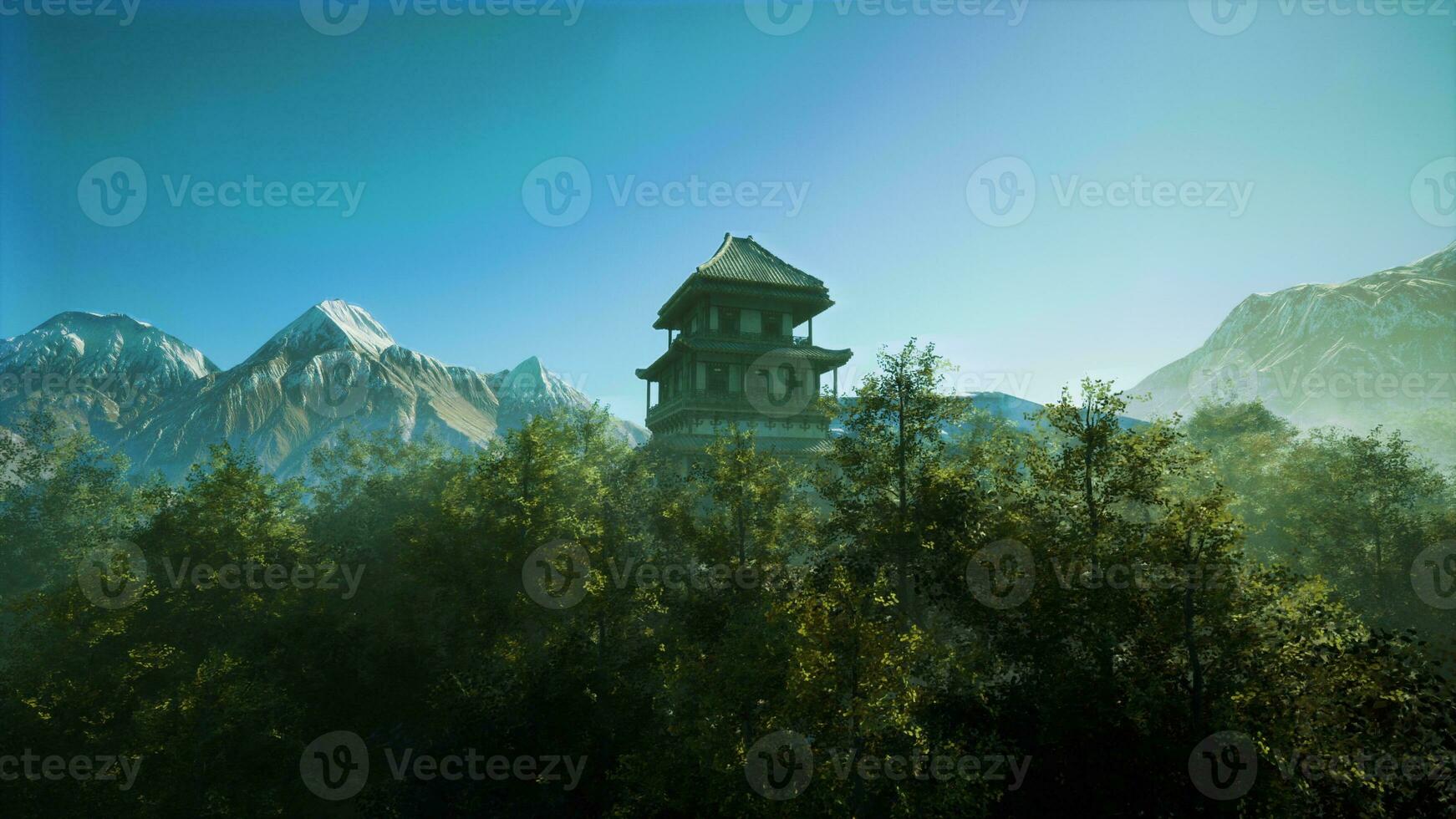 A painting of a pagoda in the middle of a forest photo