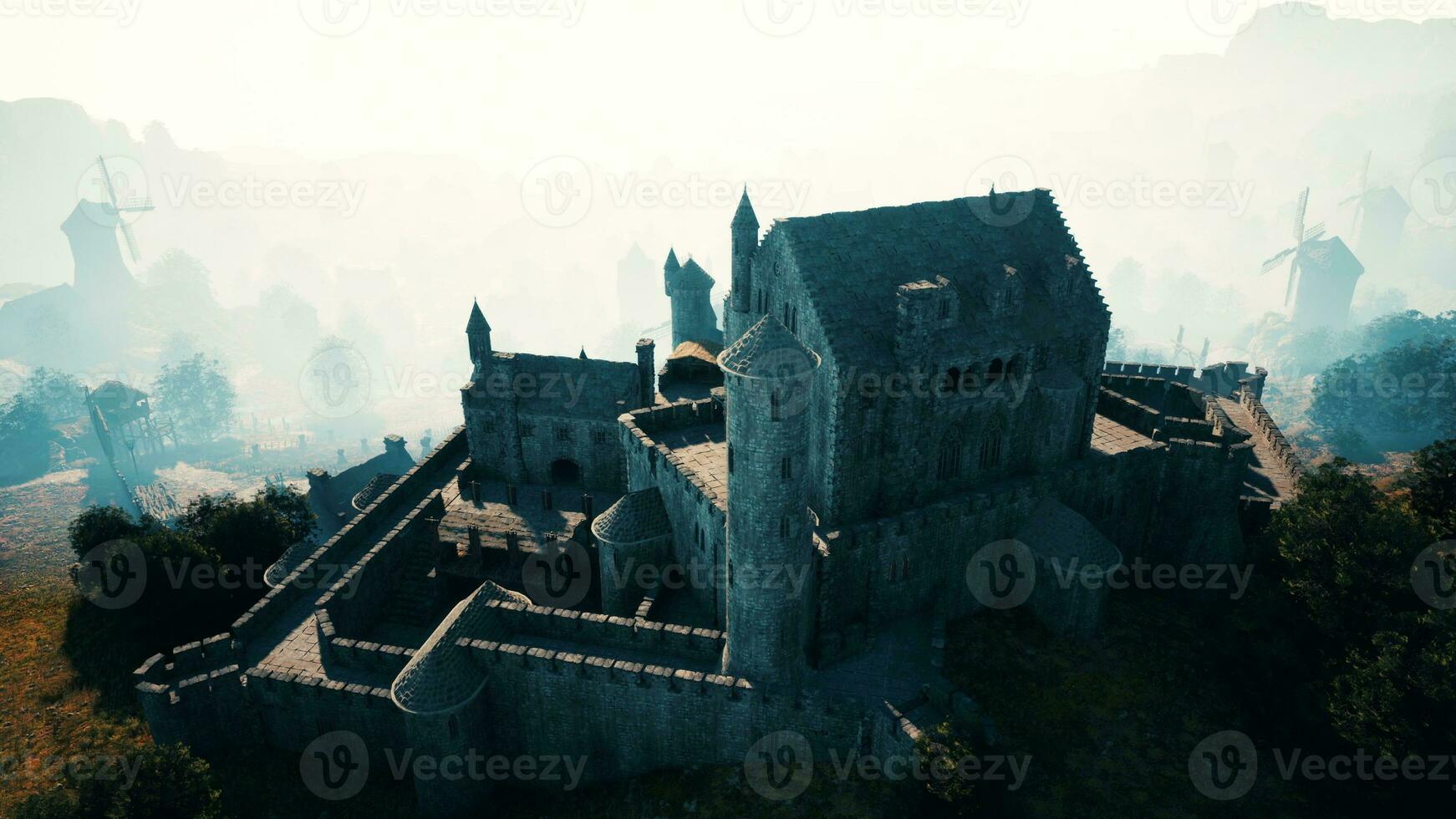 Aerial view of medieval castle with inner and outer courtyard photo