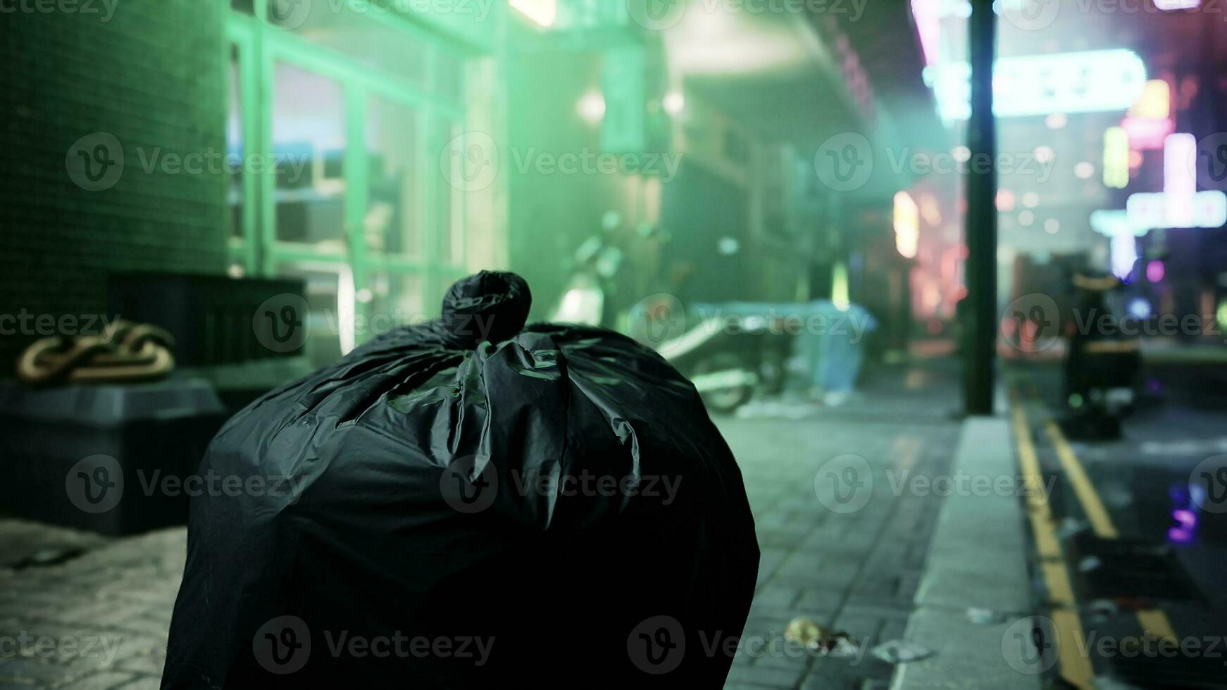 A black trash bag sitting on the side of a road photo