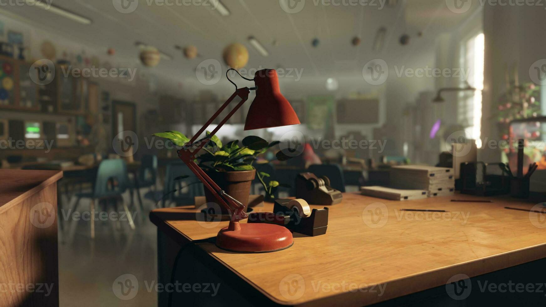 A desk with a lamp and a potted plant on it photo