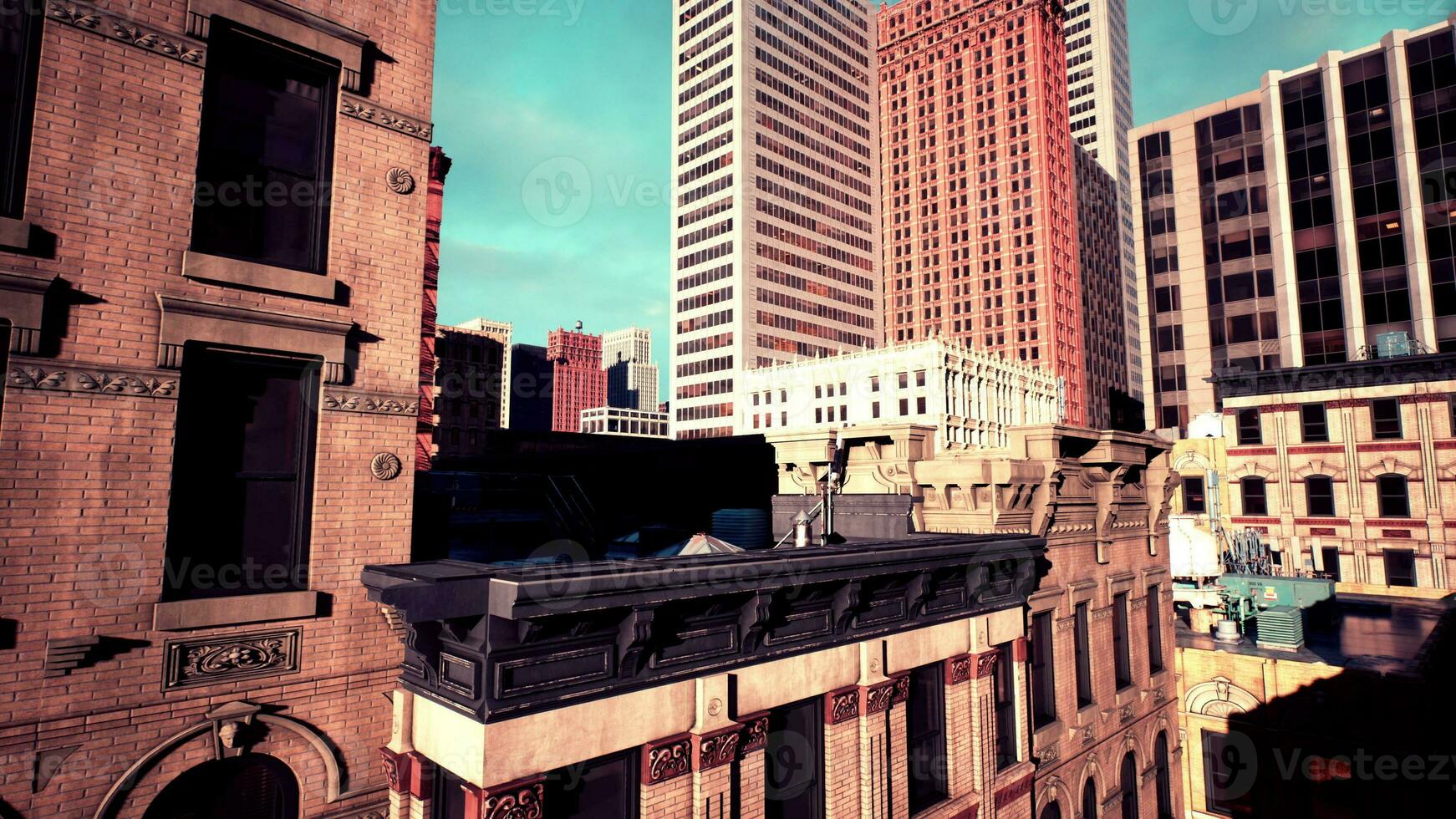 capturing the tops of skyscrapers at dusk in a bustling metropolis photo