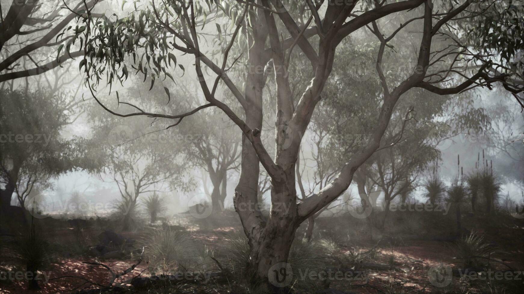 A misty forest with dense foliage and towering trees photo