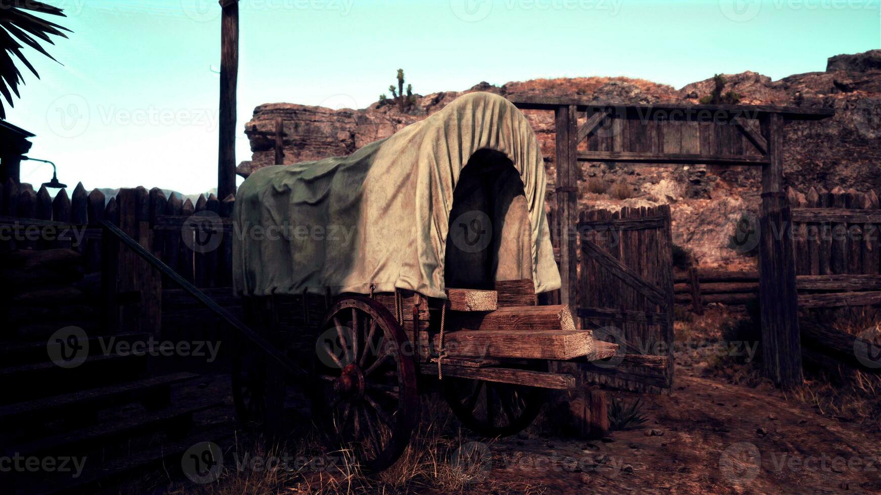 An authentic western town with a rustic covered wagon photo