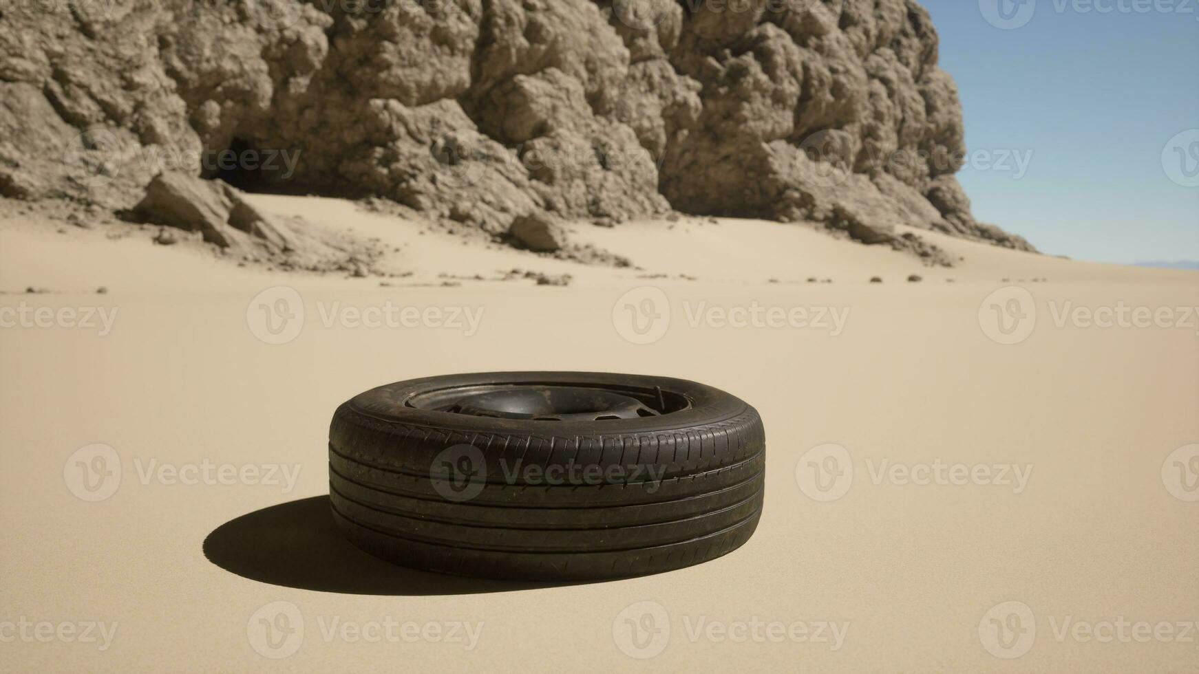 A tire sitting in the middle of a desert photo