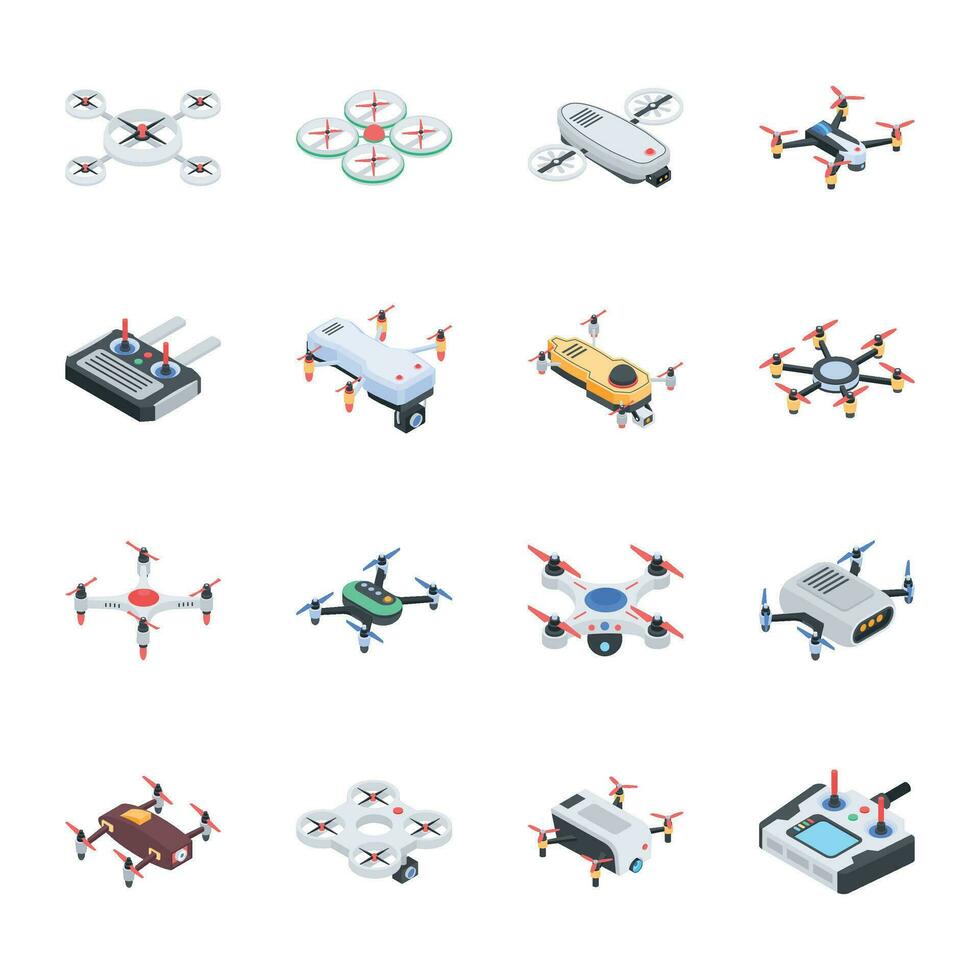 Collection of Aerial Technology Isometric Icons vector