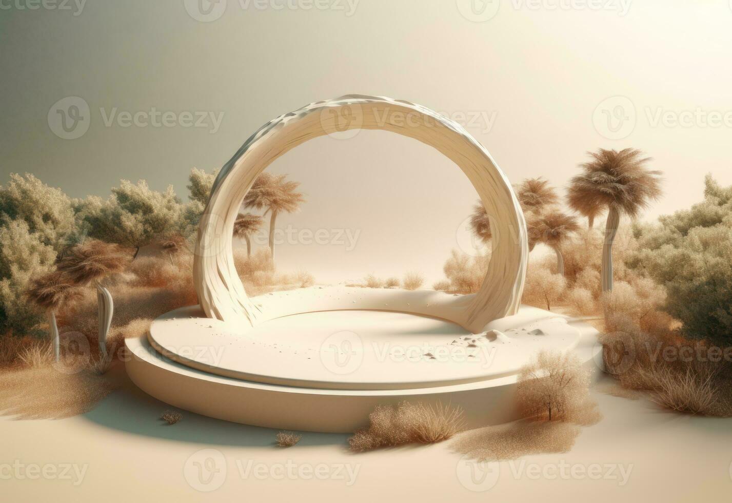 AI Generated Podium on sand background. Display with sunshade and shadow on the background for cosmetic perfume fashion natural product. Generative AI. photo