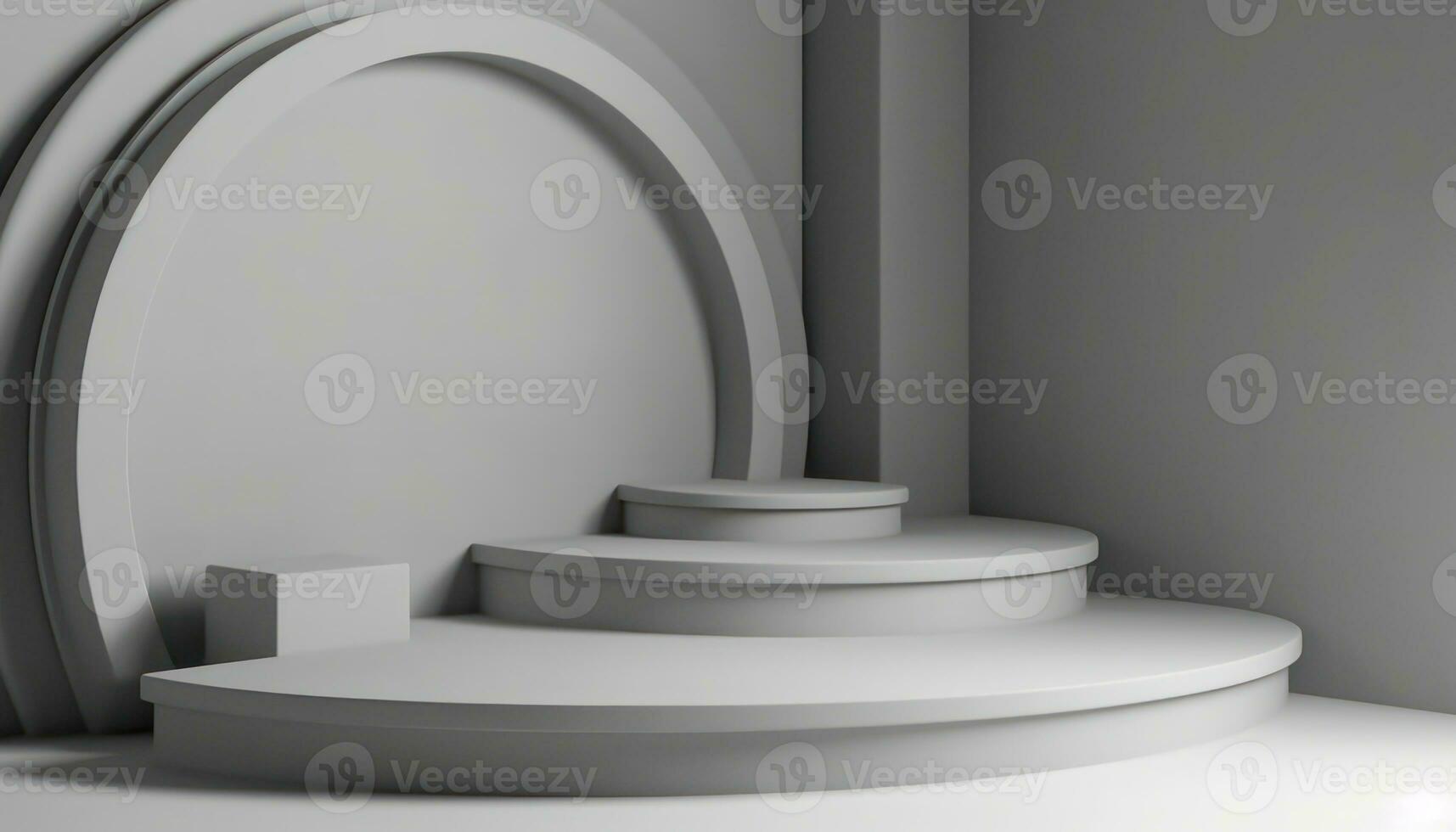 AI Generated Elegant abstract set of white podiums in sunlight with shadow on white background for product display. Simple modern geometric design. Generative AI. photo