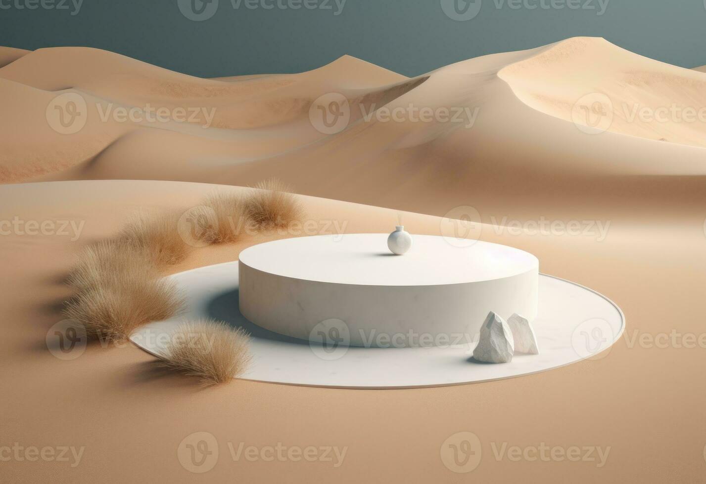 AI Generated Podium on sand background. Display with sunshade and shadow on the background for cosmetic perfume fashion natural product. Generative AI. photo