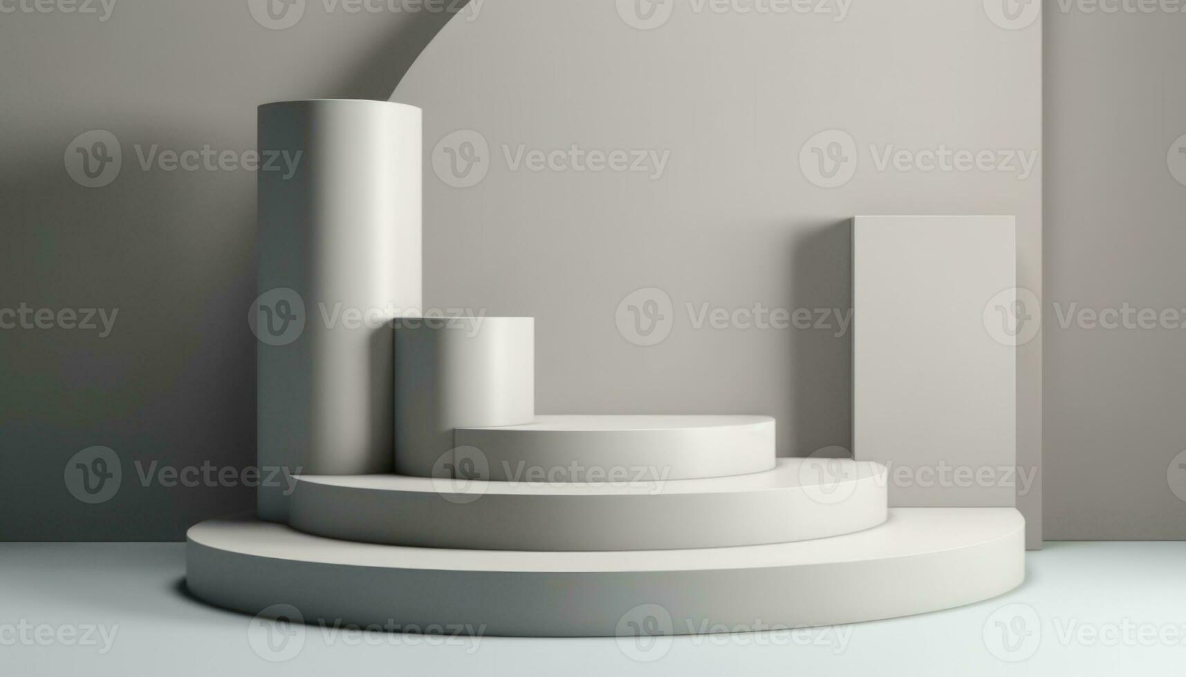 AI Generated Elegant abstract set of white podiums in sunlight with shadow on white background for product display. Simple modern geometric design. Generative AI. photo