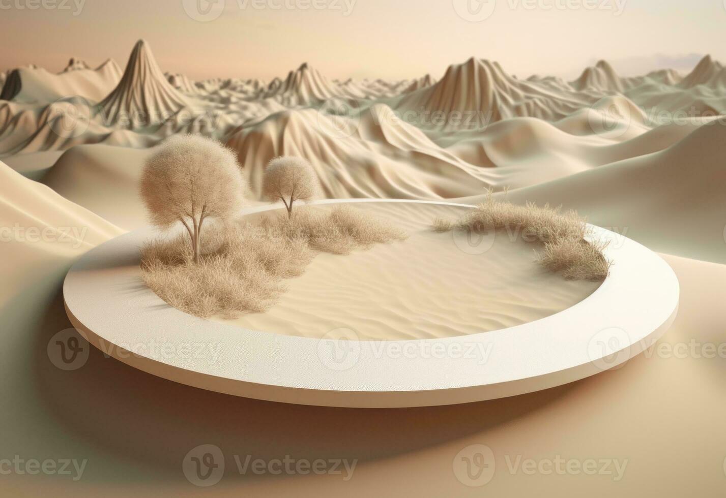 AI Generated Podium on sand background. Display with sunshade and shadow on the background for cosmetic perfume fashion natural product. Generative AI. photo