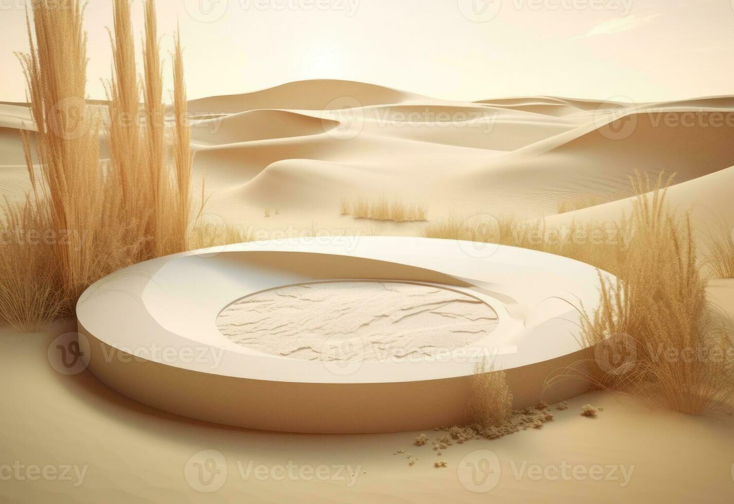 AI Generated Podium on sand background. Display with sunshade and shadow on the background for cosmetic perfume fashion natural product. Generative AI. photo
