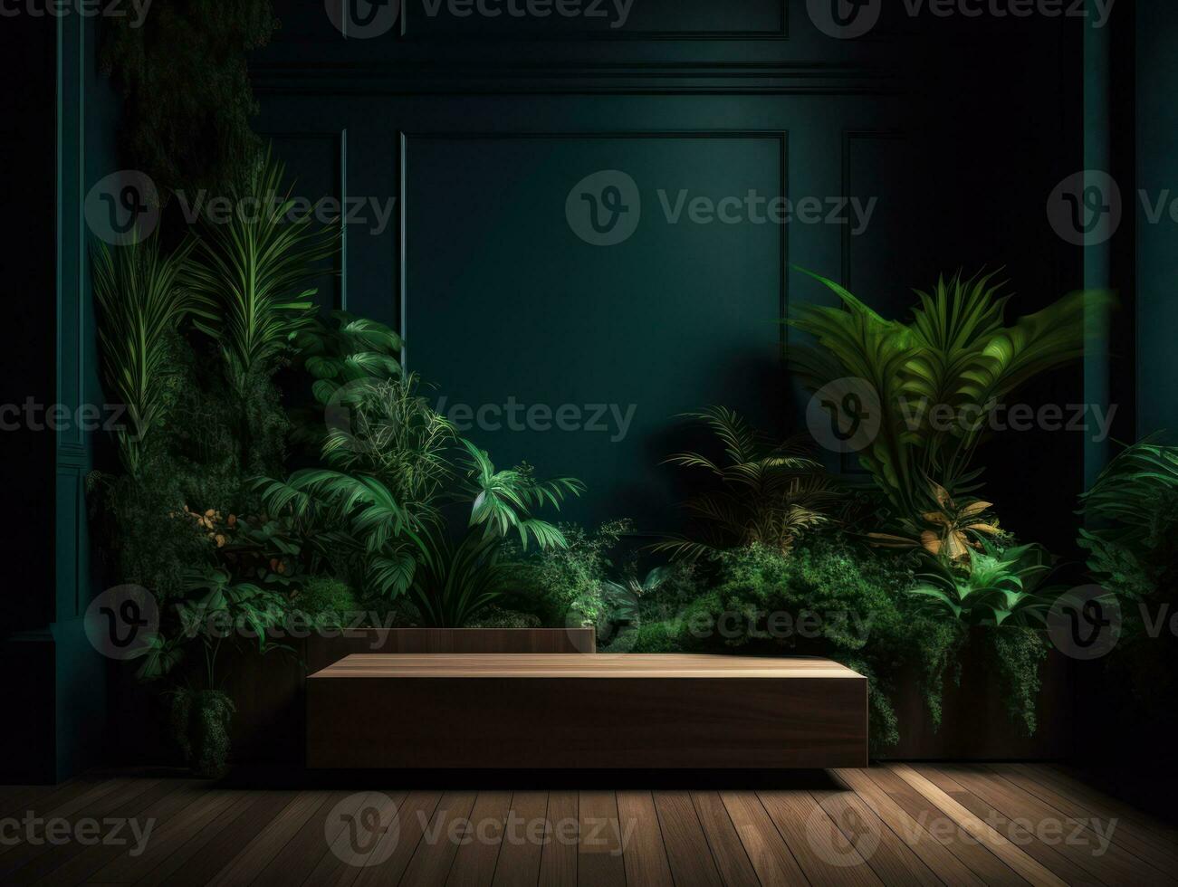 AI Generated Cosmetics product advertising stand. Exhibition wooden podium on green background with leaves and shadows. Empty pedestal to display product packaging. Mockup. Generative AI. photo