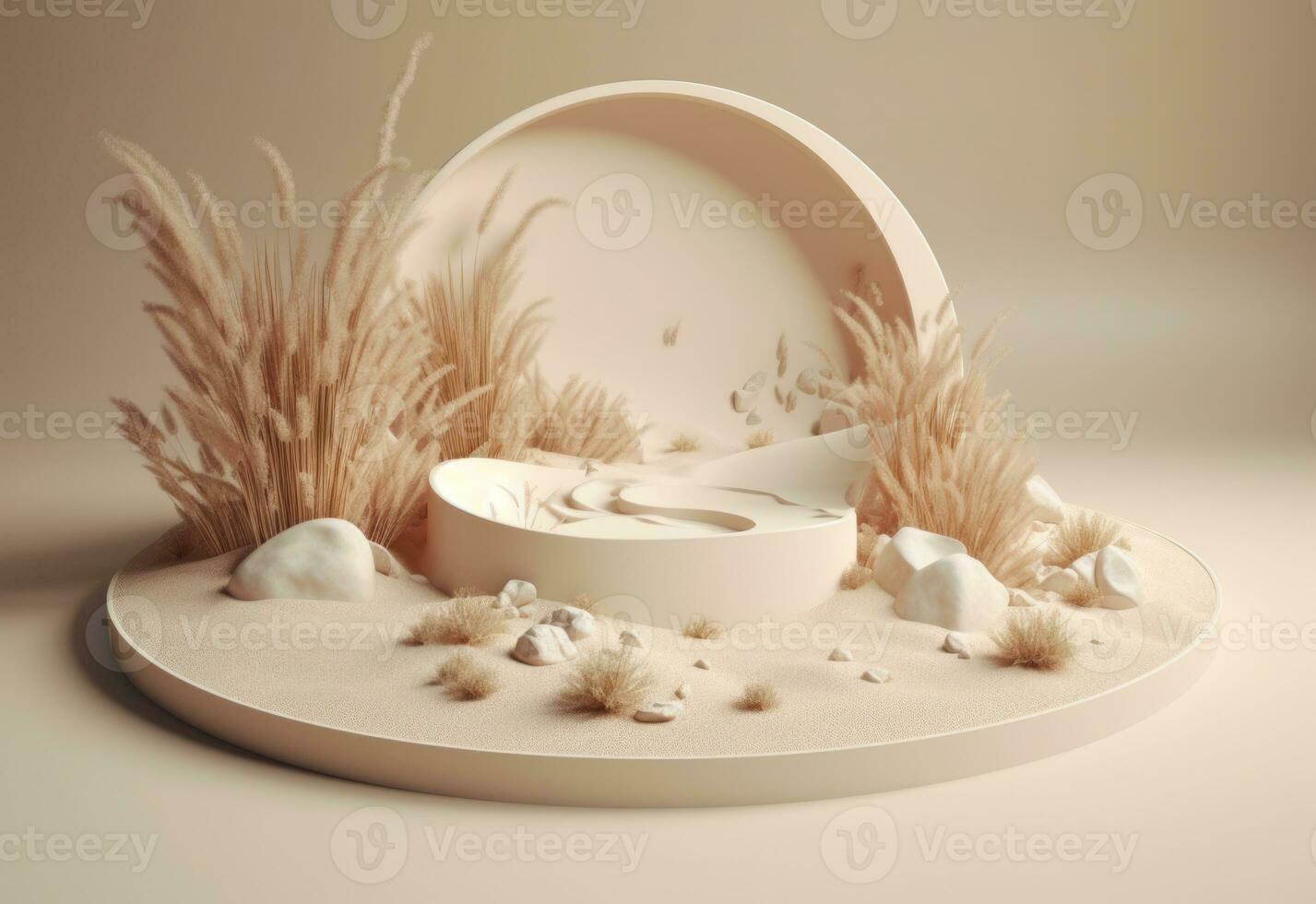 AI Generated Podium on sand background. Display with sunshade and shadow on the background for cosmetic perfume fashion natural product. Generative AI. photo