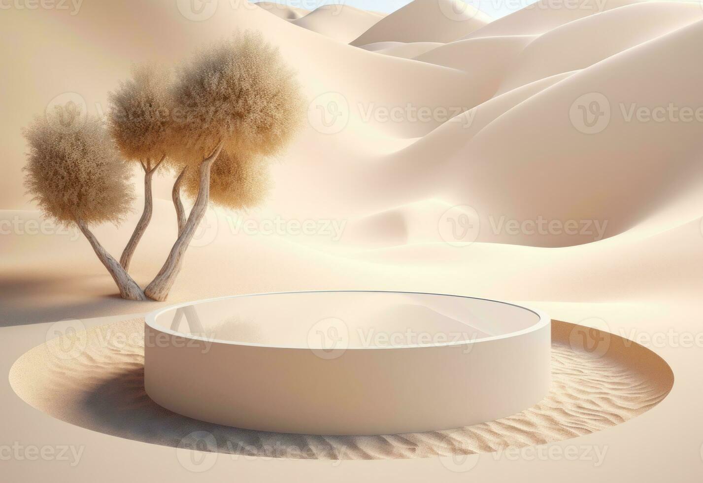 AI Generated Podium on sand background. Display with sunshade and shadow on the background for cosmetic perfume fashion natural product. Generative AI. photo