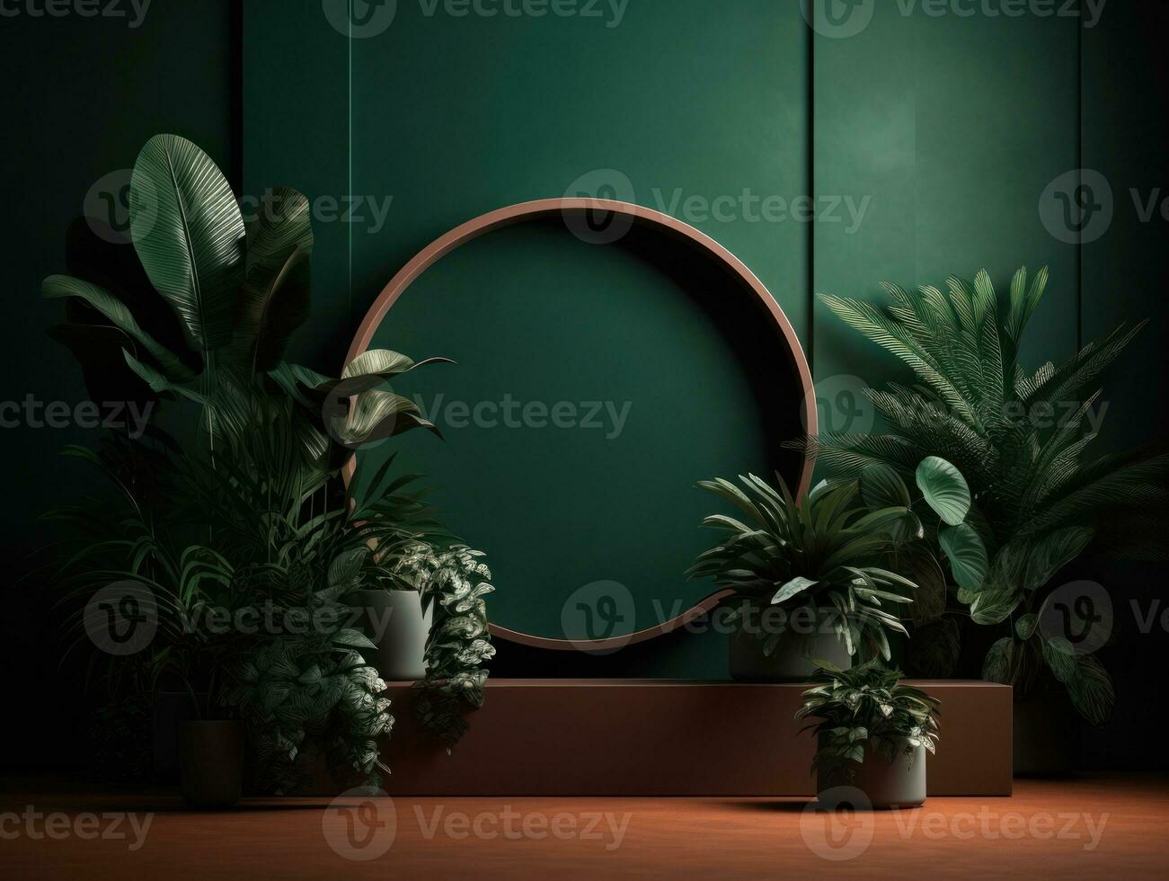 AI Generated Cosmetics product advertising stand. Exhibition wooden podium on green background with leaves and shadows. Empty pedestal to display product packaging. Mockup. Generative AI. photo
