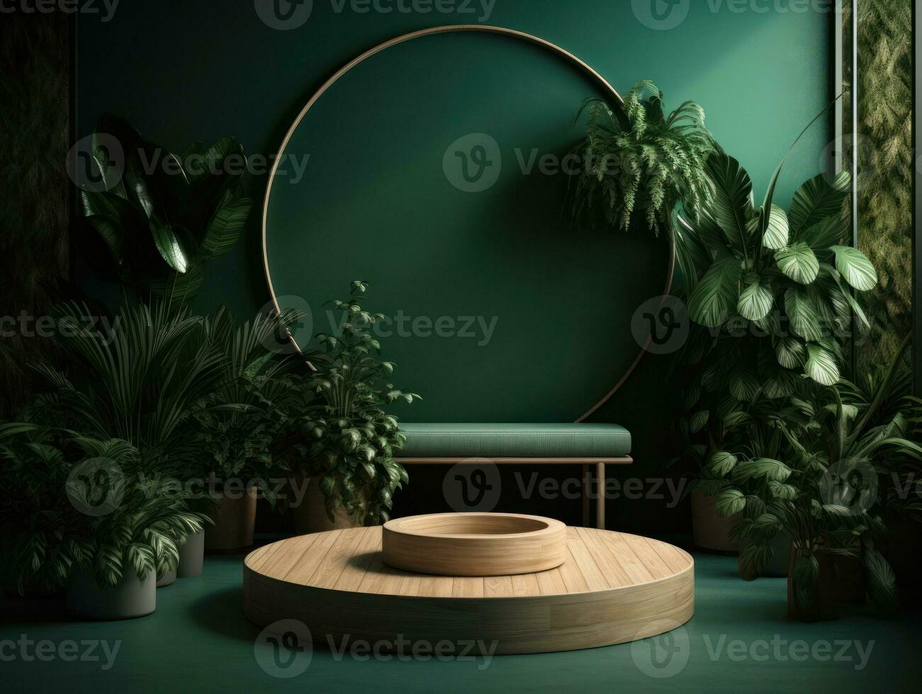 AI Generated Cosmetics product advertising stand. Exhibition wooden podium on green background with leaves and shadows. Empty pedestal to display product packaging. Mockup. Generative AI. photo