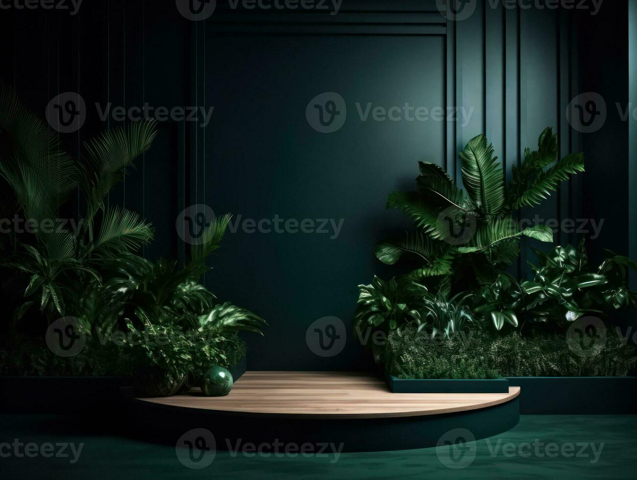 AI Generated Cosmetics product advertising stand. Exhibition wooden podium on green background with leaves and shadows. Empty pedestal to display product packaging. Mockup. Generative AI. photo