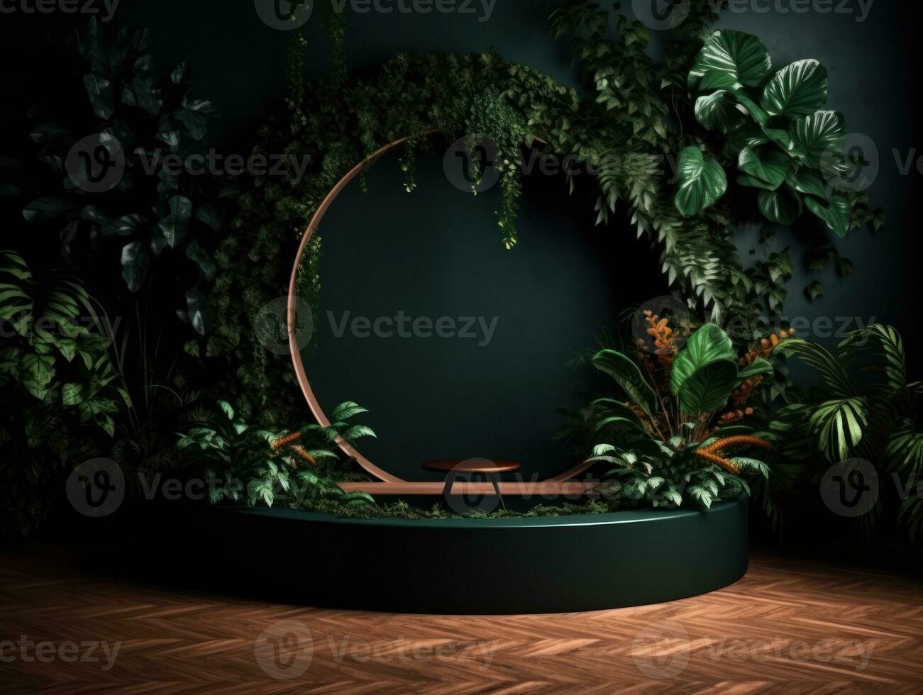 AI Generated Cosmetics product advertising stand. Exhibition wooden podium on green background with leaves and shadows. Empty pedestal to display product packaging. Mockup. Generative AI. photo