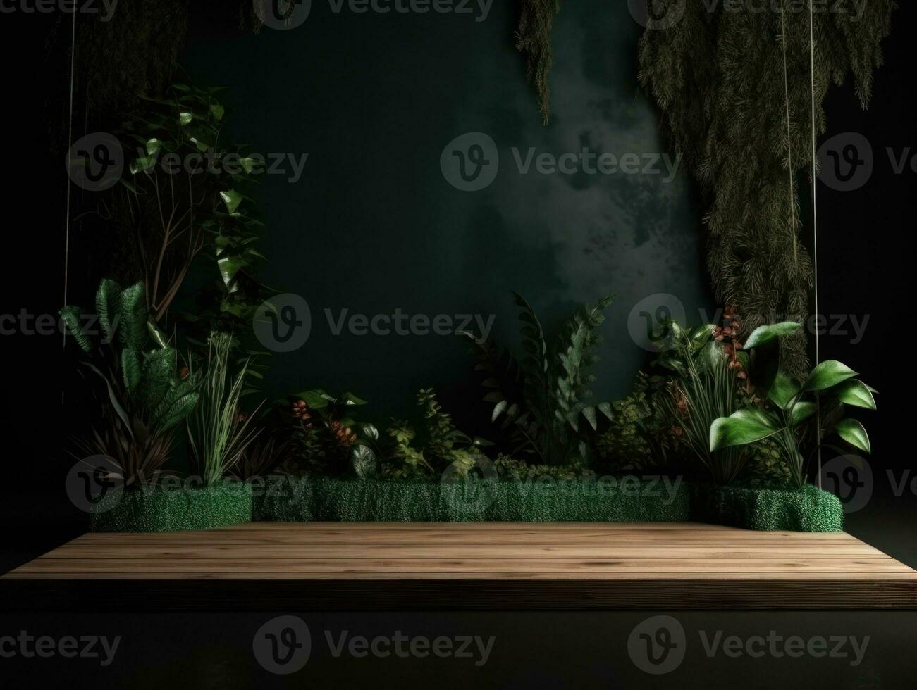 AI Generated Cosmetics product advertising stand. Exhibition wooden podium on green background with leaves and shadows. Empty pedestal to display product packaging. Mockup. Generative AI. photo