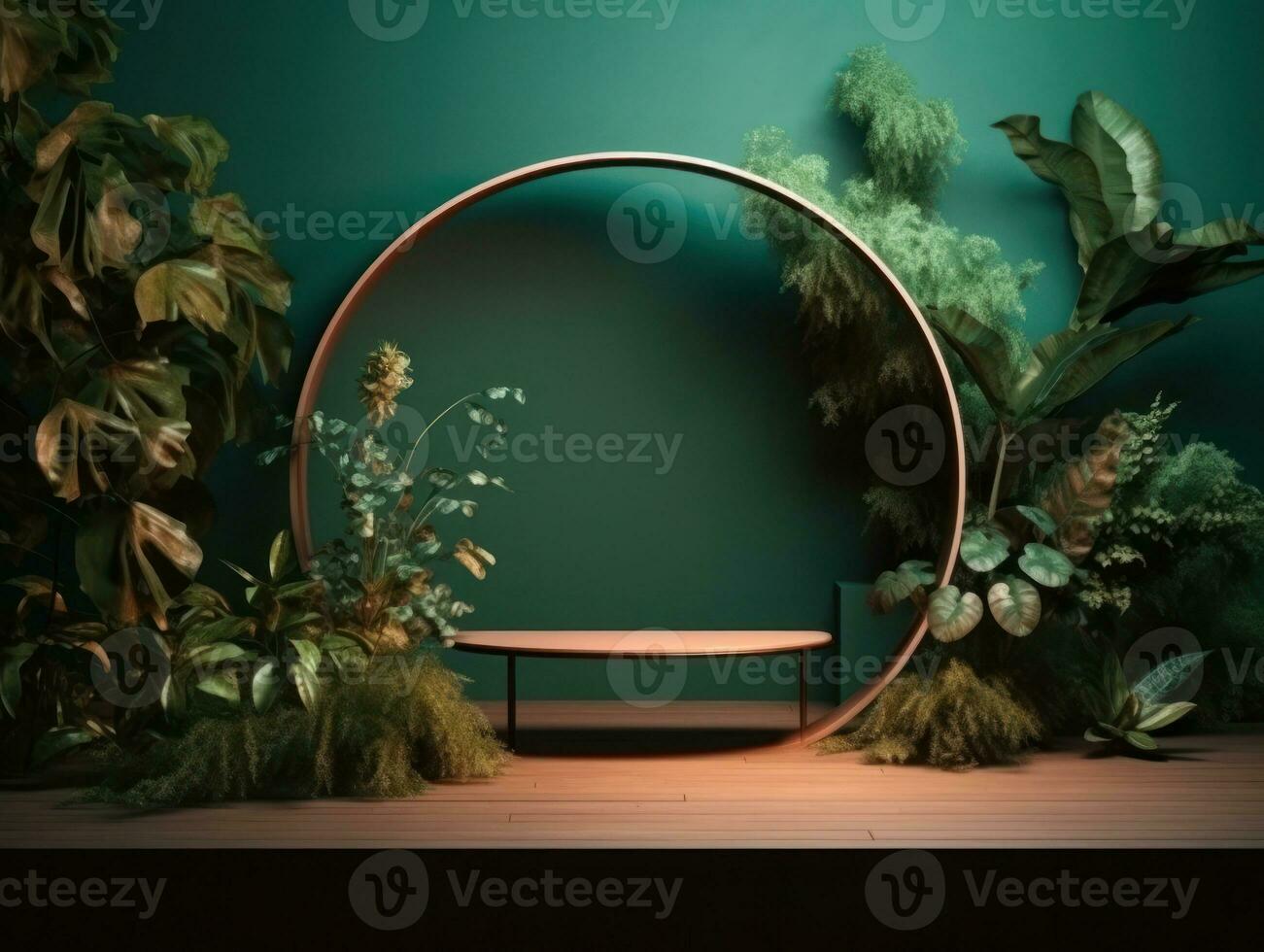 AI Generated Cosmetics product advertising stand. Exhibition wooden podium on green background with leaves and shadows. Empty pedestal to display product packaging. Mockup. Generative AI. photo