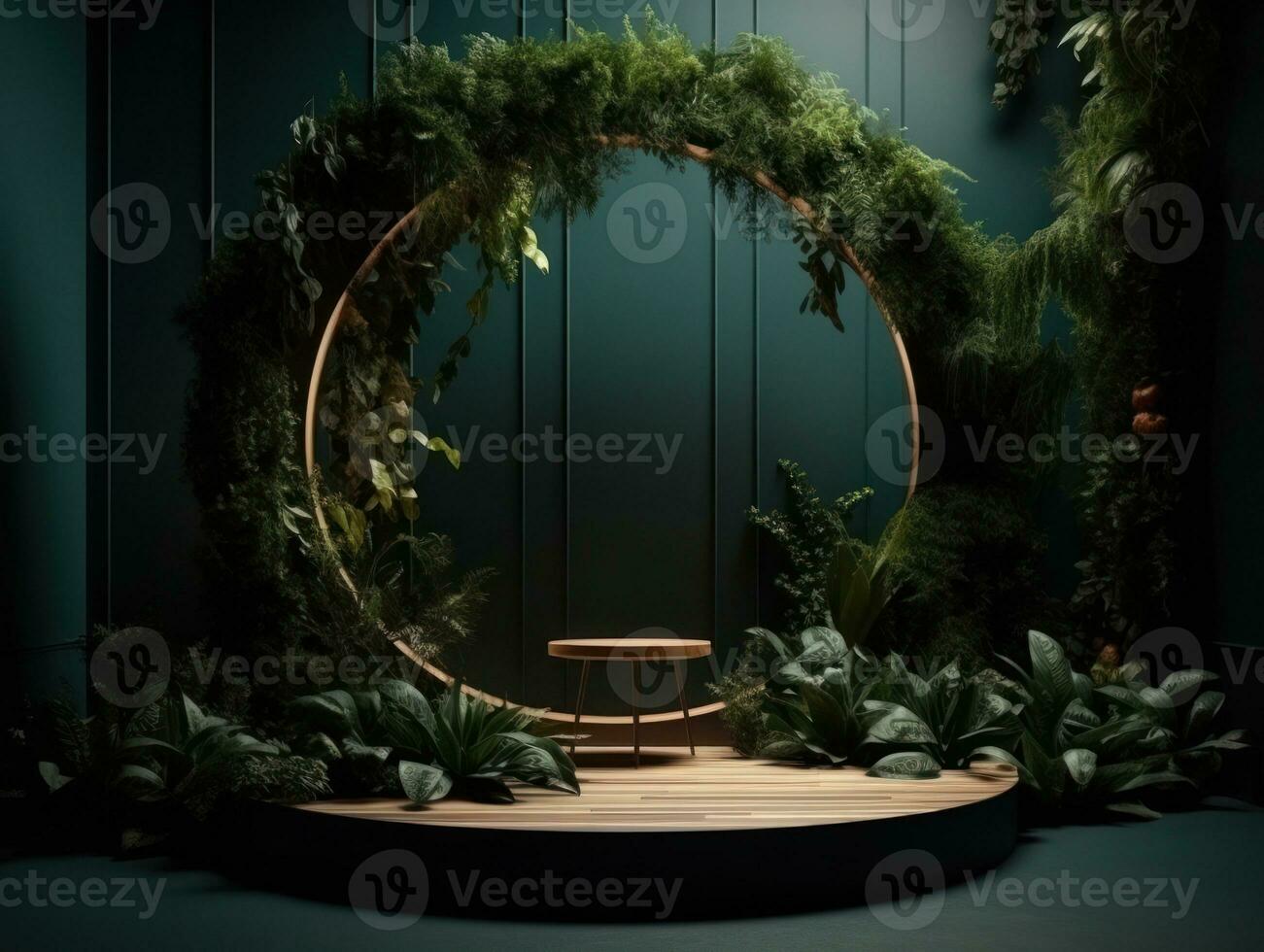 AI Generated Cosmetics product advertising stand. Exhibition wooden podium on green background with leaves and shadows. Empty pedestal to display product packaging. Mockup. Generative AI. photo