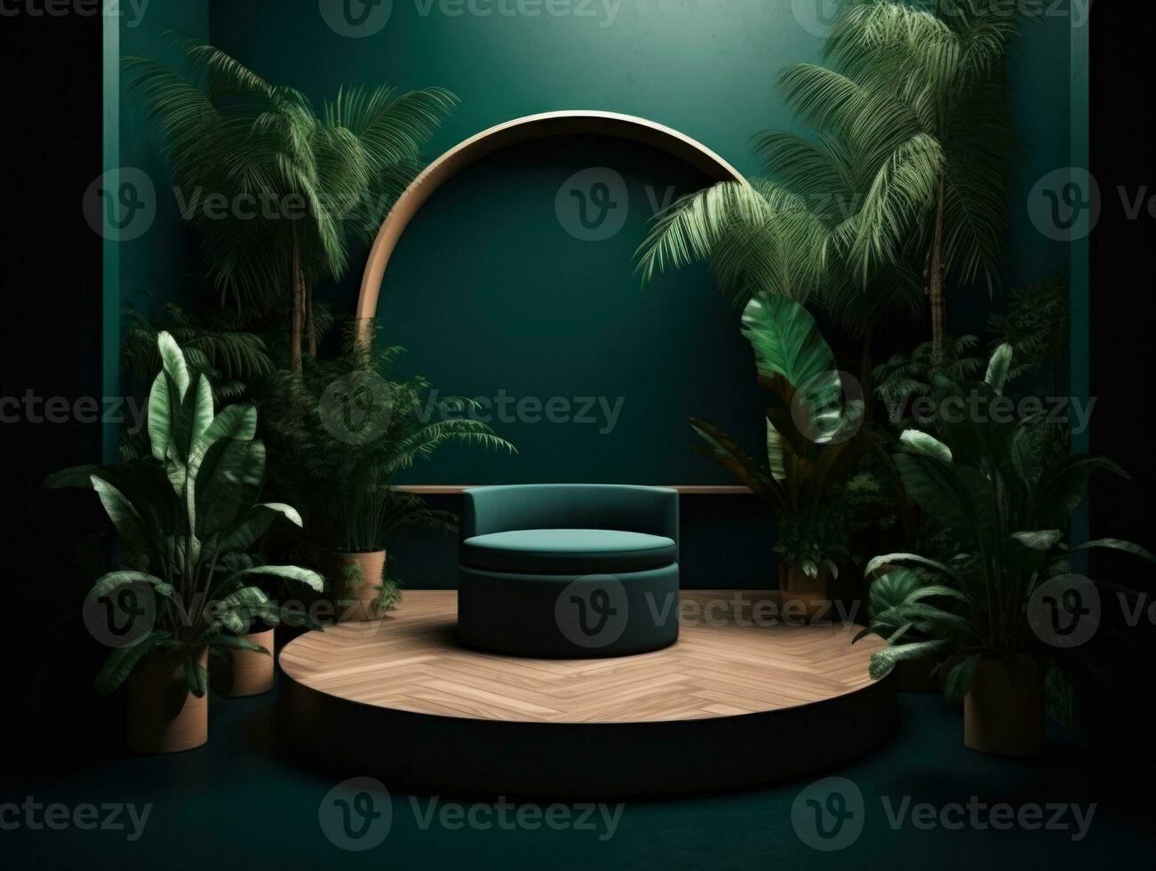 AI Generated Cosmetics product advertising stand. Exhibition wooden podium on green background with leaves and shadows. Empty pedestal to display product packaging. Mockup. Generative AI. photo