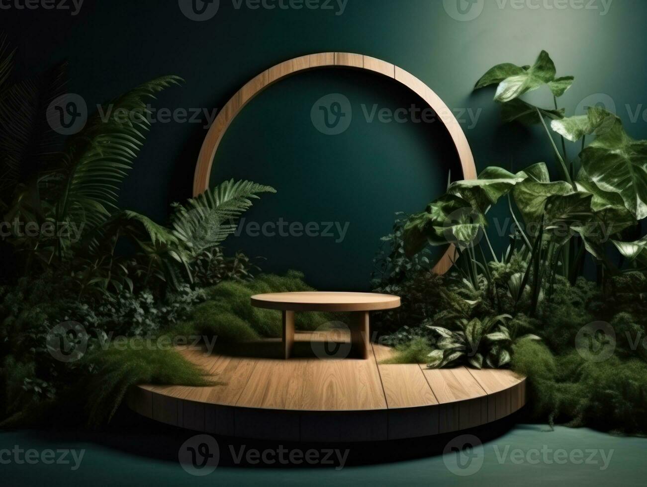 AI Generated Cosmetics product advertising stand. Exhibition wooden podium on green background with leaves and shadows. Empty pedestal to display product packaging. Mockup. Generative AI. photo