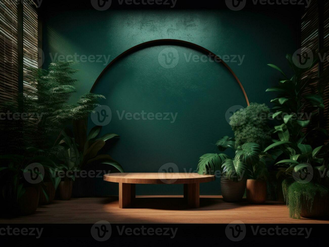 AI Generated Cosmetics product advertising stand. Exhibition wooden podium on green background with leaves and shadows. Empty pedestal to display product packaging. Mockup. Generative AI. photo
