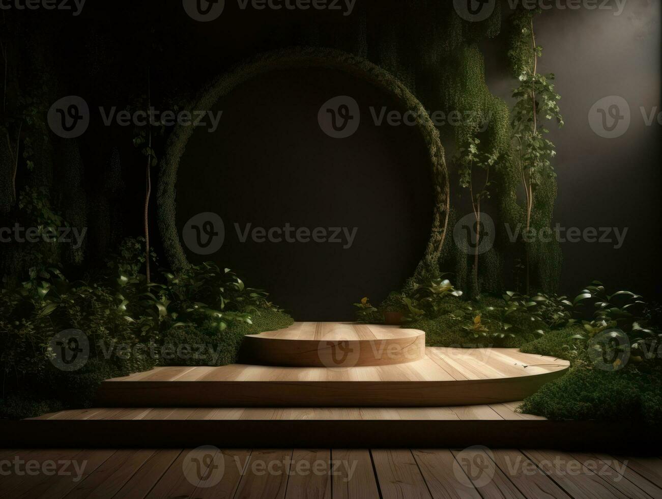 AI Generated Cosmetics product advertising stand. Exhibition wooden podium on green background with leaves and shadows. Empty pedestal to display product packaging. Mockup. Generative AI. photo