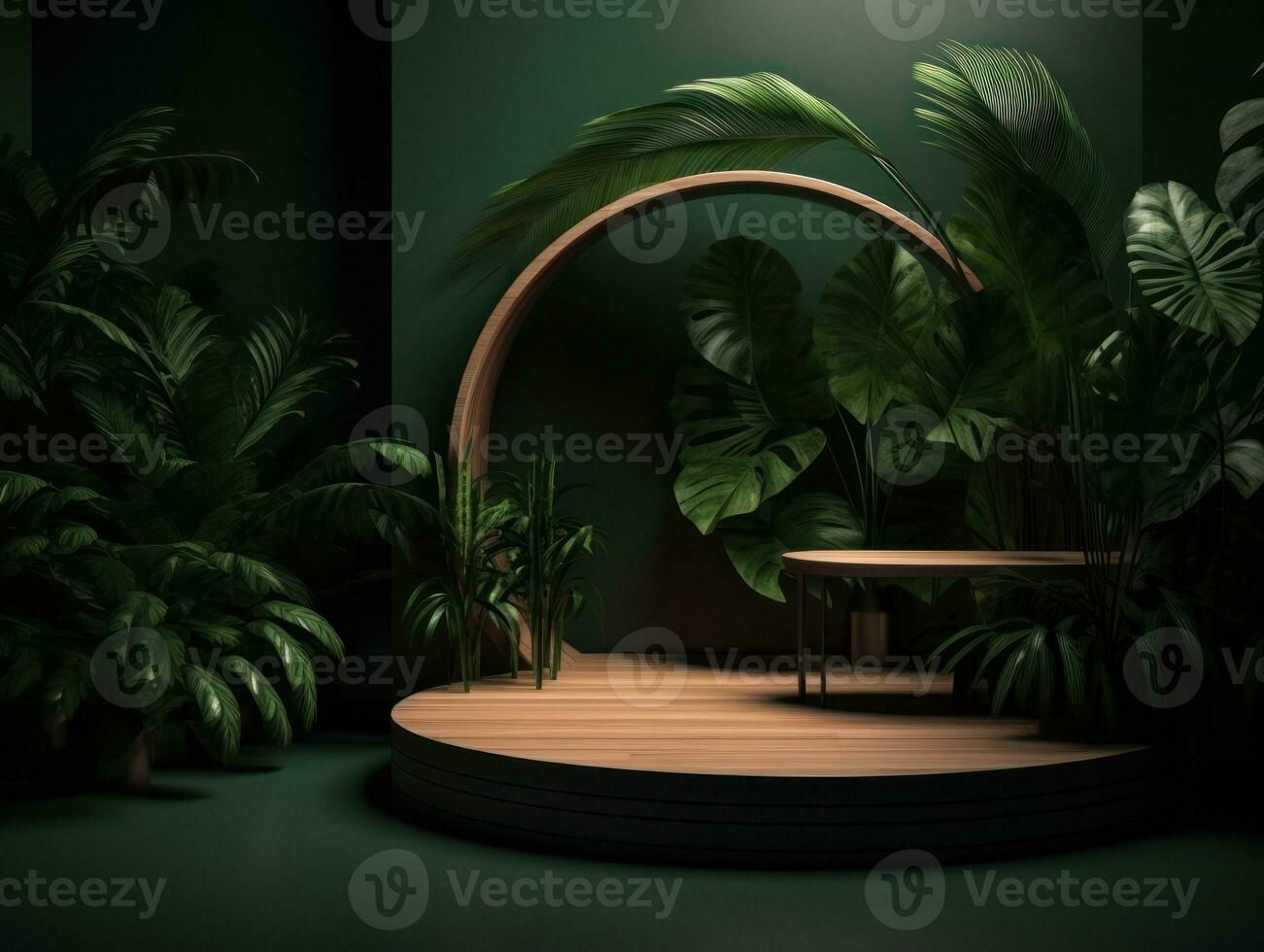 AI Generated Cosmetics product advertising stand. Exhibition wooden podium on green background with leaves and shadows. Empty pedestal to display product packaging. Mockup. Generative AI. photo