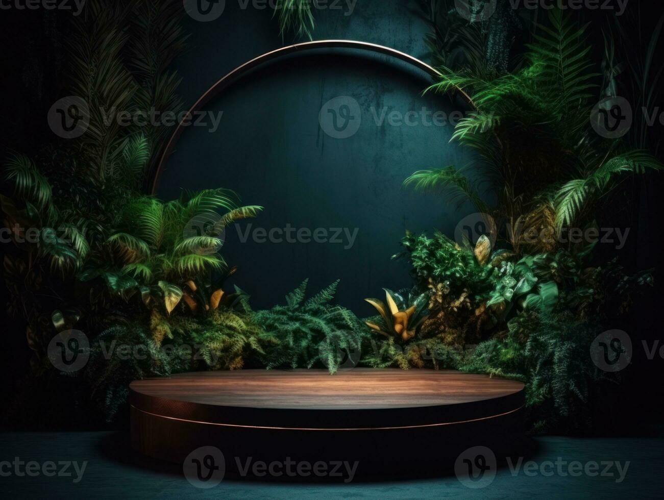 AI Generated Cosmetics product advertising stand. Exhibition wooden podium on green background with leaves and shadows. Empty pedestal to display product packaging. Mockup. Generative AI. photo