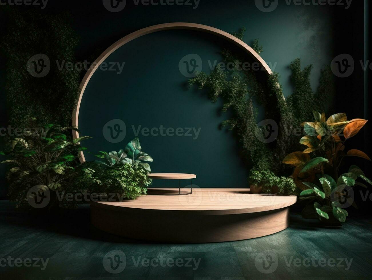 AI Generated Cosmetics product advertising stand. Exhibition wooden podium on green background with leaves and shadows. Empty pedestal to display product packaging. Mockup. Generative AI. photo