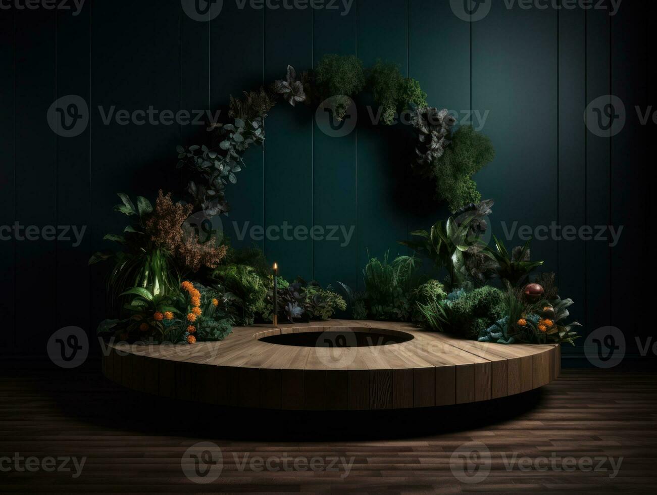 AI Generated Cosmetics product advertising stand. Exhibition wooden podium on green background with leaves and shadows. Empty pedestal to display product packaging. Mockup. Generative AI. photo