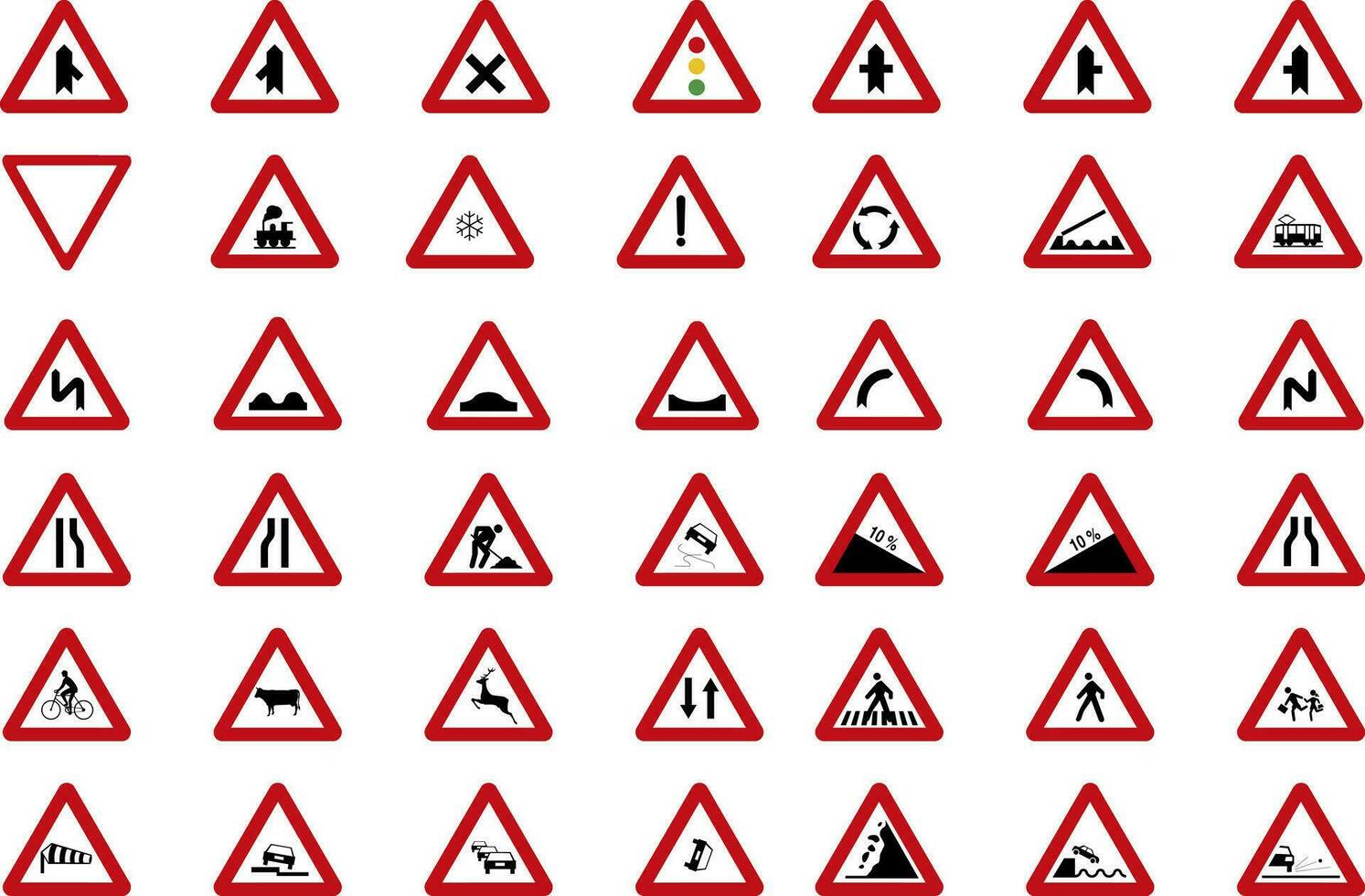 Set of triangular and round traffic, warning, prohibition and danger signs icons vector