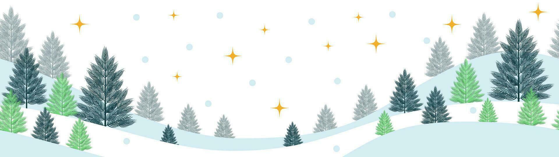 Vector winter, Christmas season landscape. Long background or banner with spruce, fir or noel tree, stars and snow