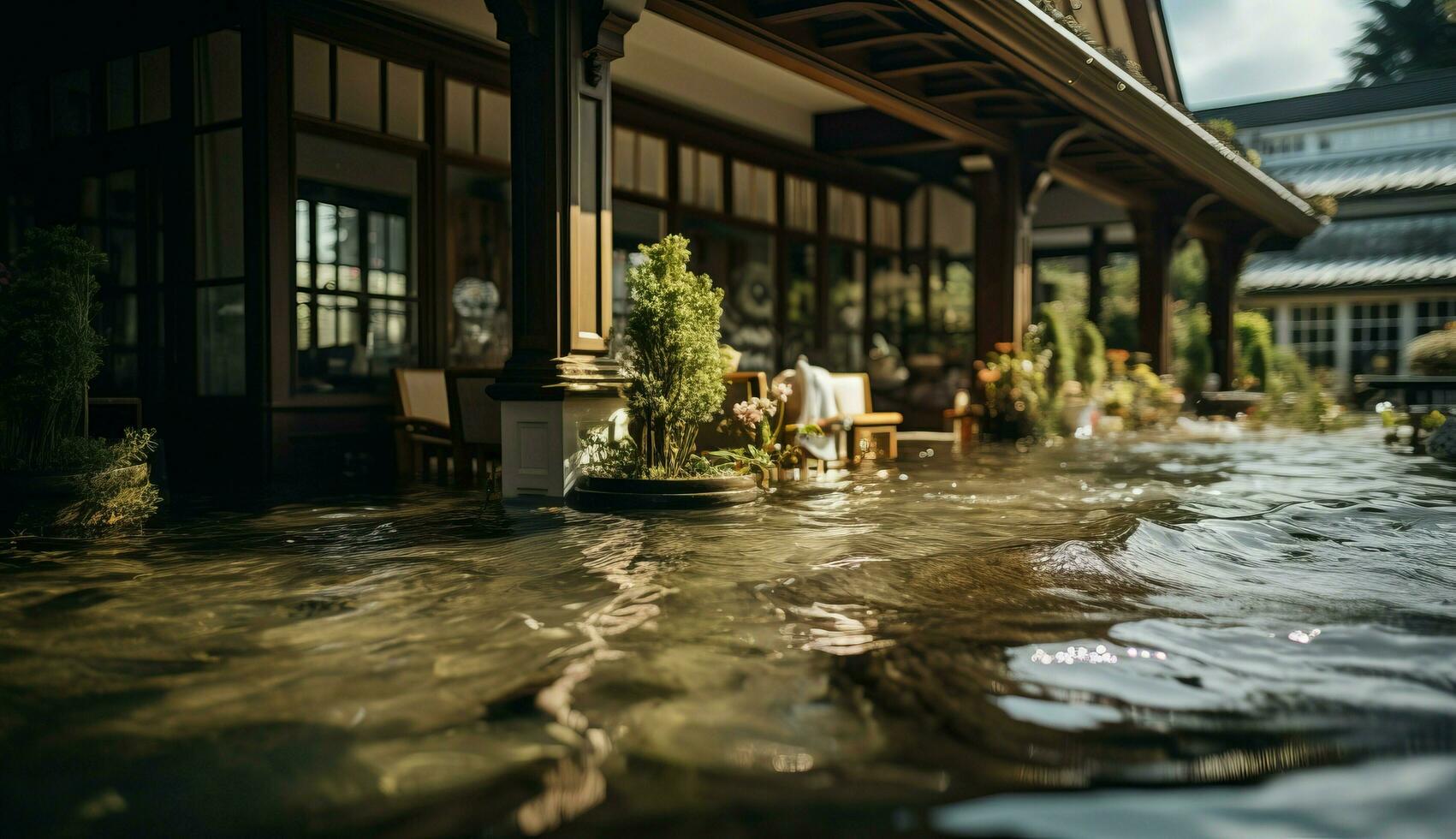 AI generated House Surrounded by Dirty Floodwater in Aerial View photo