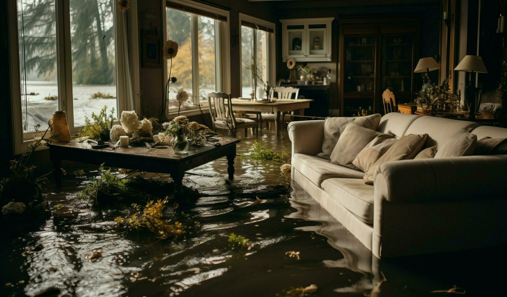 AI generated House Surrounded by Dirty Floodwater in Aerial View photo