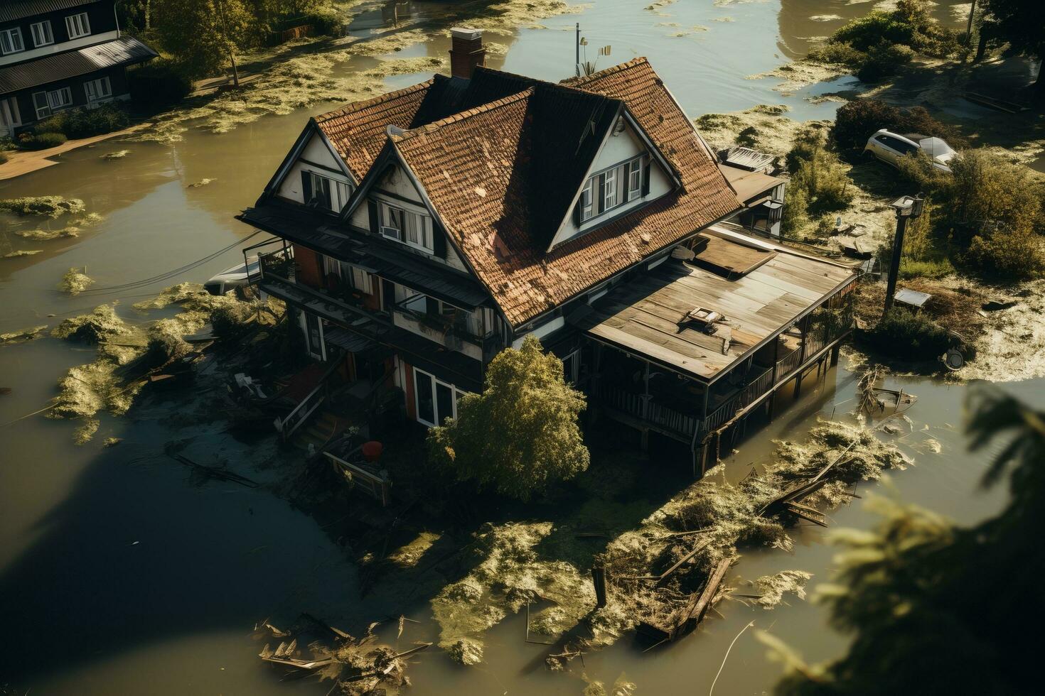 AI generated House Surrounded by Dirty Floodwater in Aerial View photo