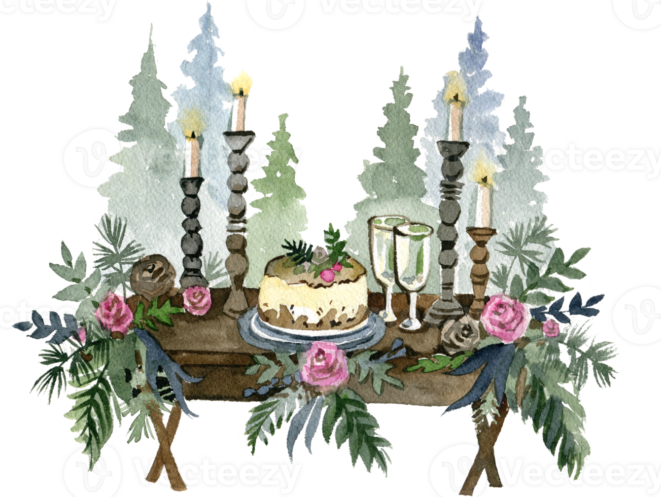 Watercolor sketch of Christmas table with winter decor. Winter wedding clipart. New year Hand drawn illustration png