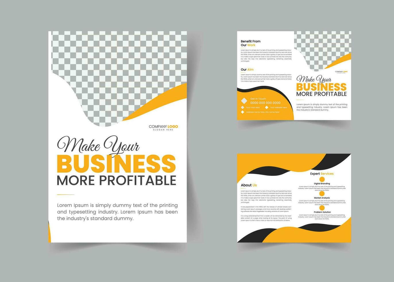 Modern minimalist yellow color bifold business brochure design template. vector