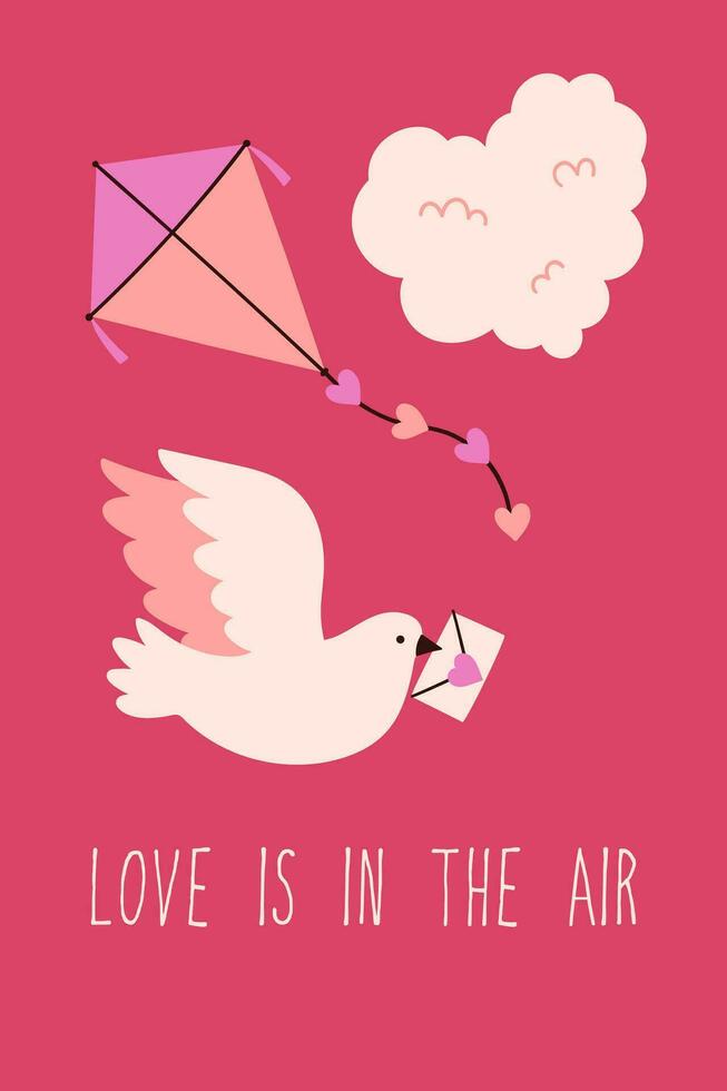Valentine's day poster or card with dove, cloud and flying kite. Vector graphics.
